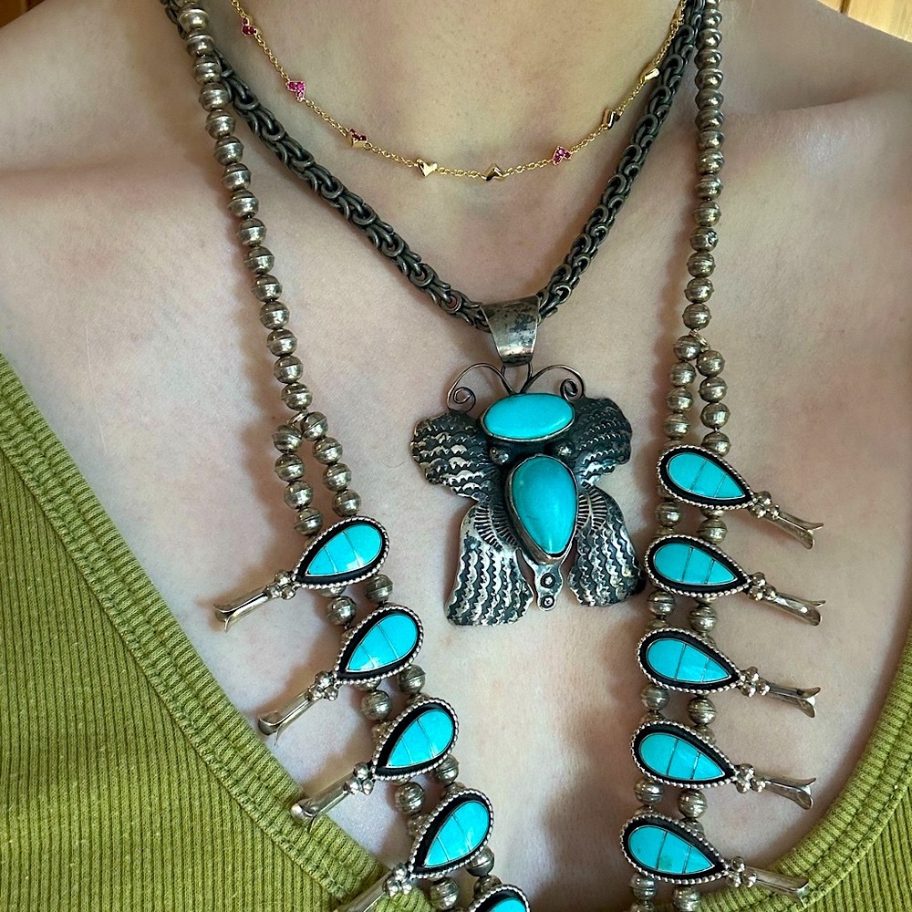 Chimney Butte signed Sterling silver turquoise butterfly statement pendant
